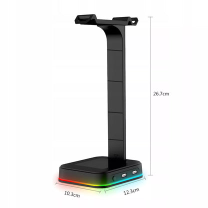 Žaidimų ausinių stovas / laikiklis su RGB apšvietimu, USB Hub + 2x USB