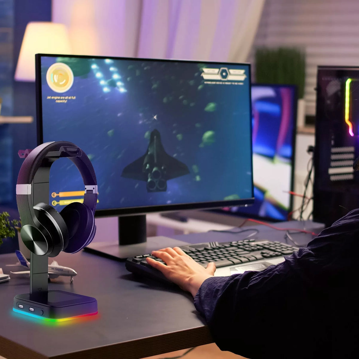 Žaidimų ausinių stovas / laikiklis su RGB apšvietimu, USB Hub + 2x USB