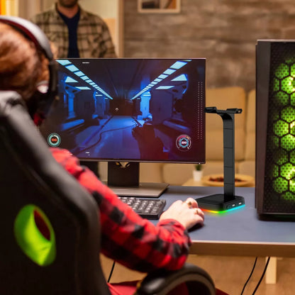Žaidimų ausinių stovas / laikiklis su RGB apšvietimu, USB Hub + 2x USB