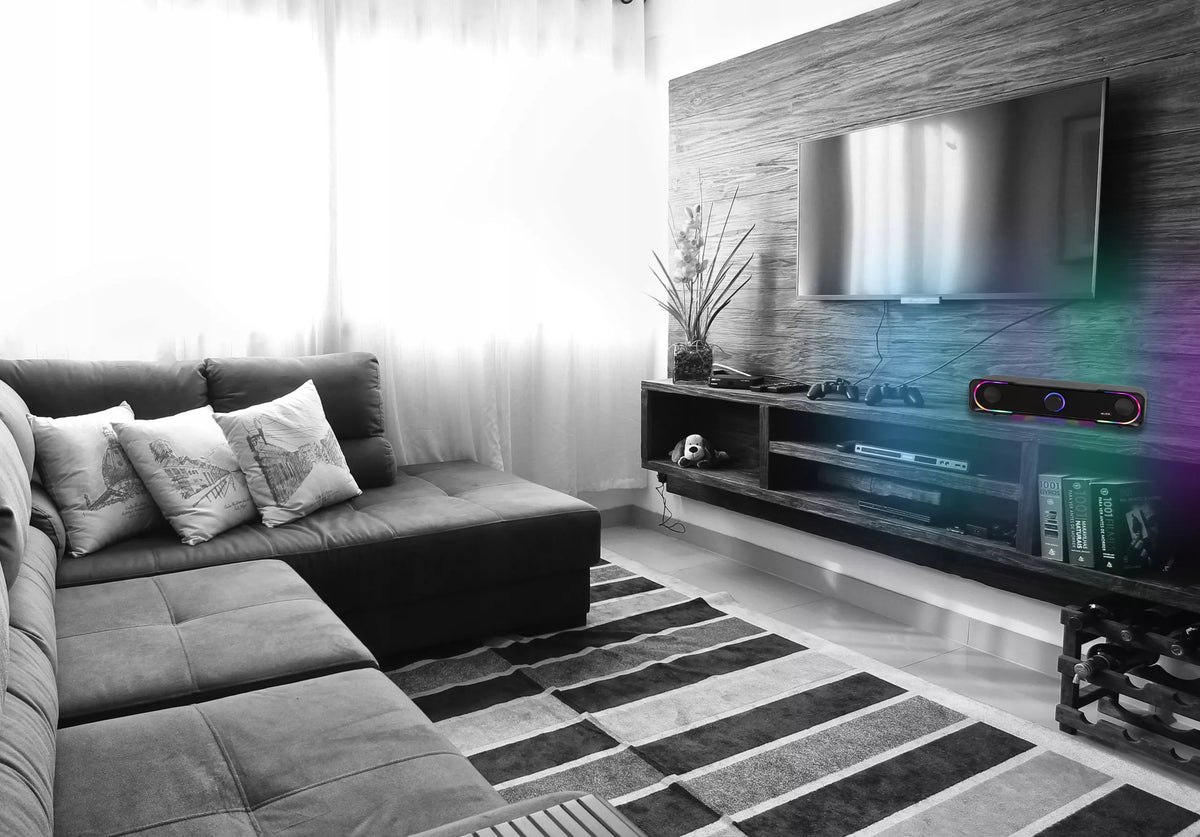 Žaidimų garso juosta (Soundbar) kompiuteriui, 3,5 mm Mini-Jack, AUX, USB, DC, RGB LED
