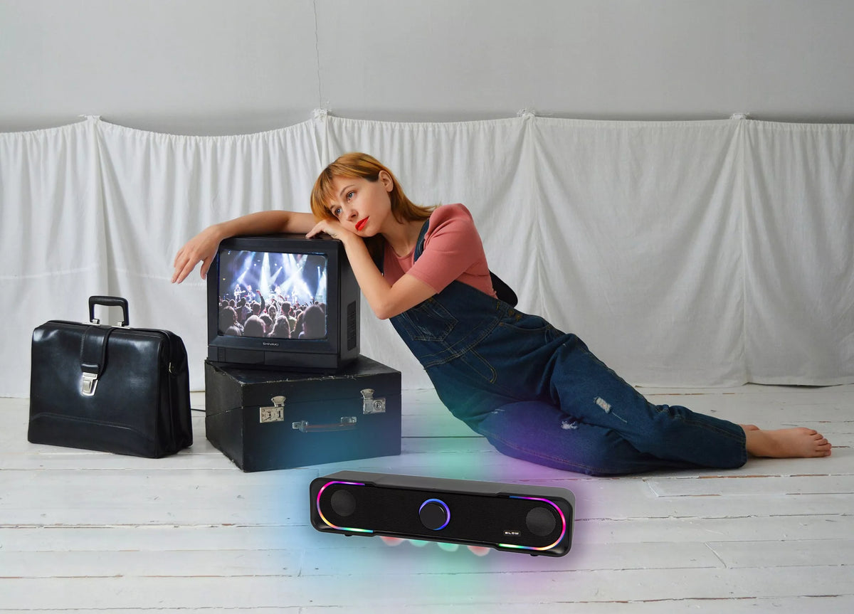 Žaidimų garso juosta (Soundbar) kompiuteriui, 3,5 mm Mini-Jack, AUX, USB, DC, RGB LED