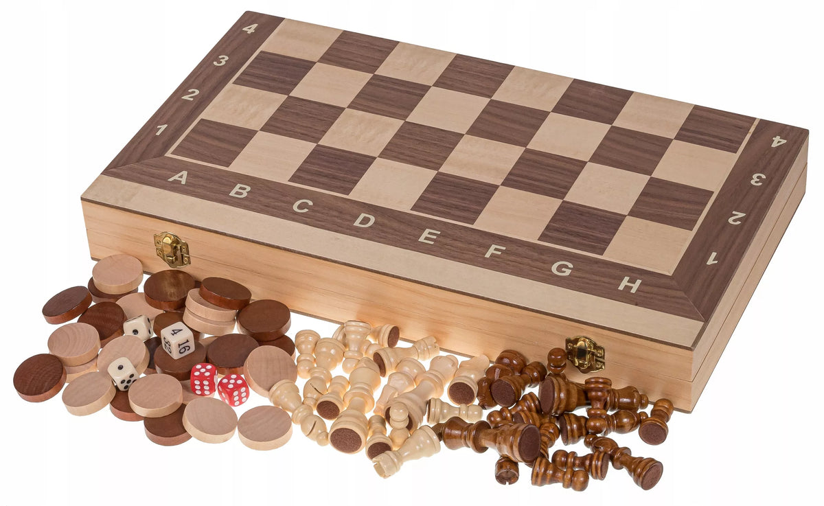 Žaidimas 3in1 Mediniai Turnyriniai Šachmatai 4 + Backgammon + Šaškės - 44 x 44 cm