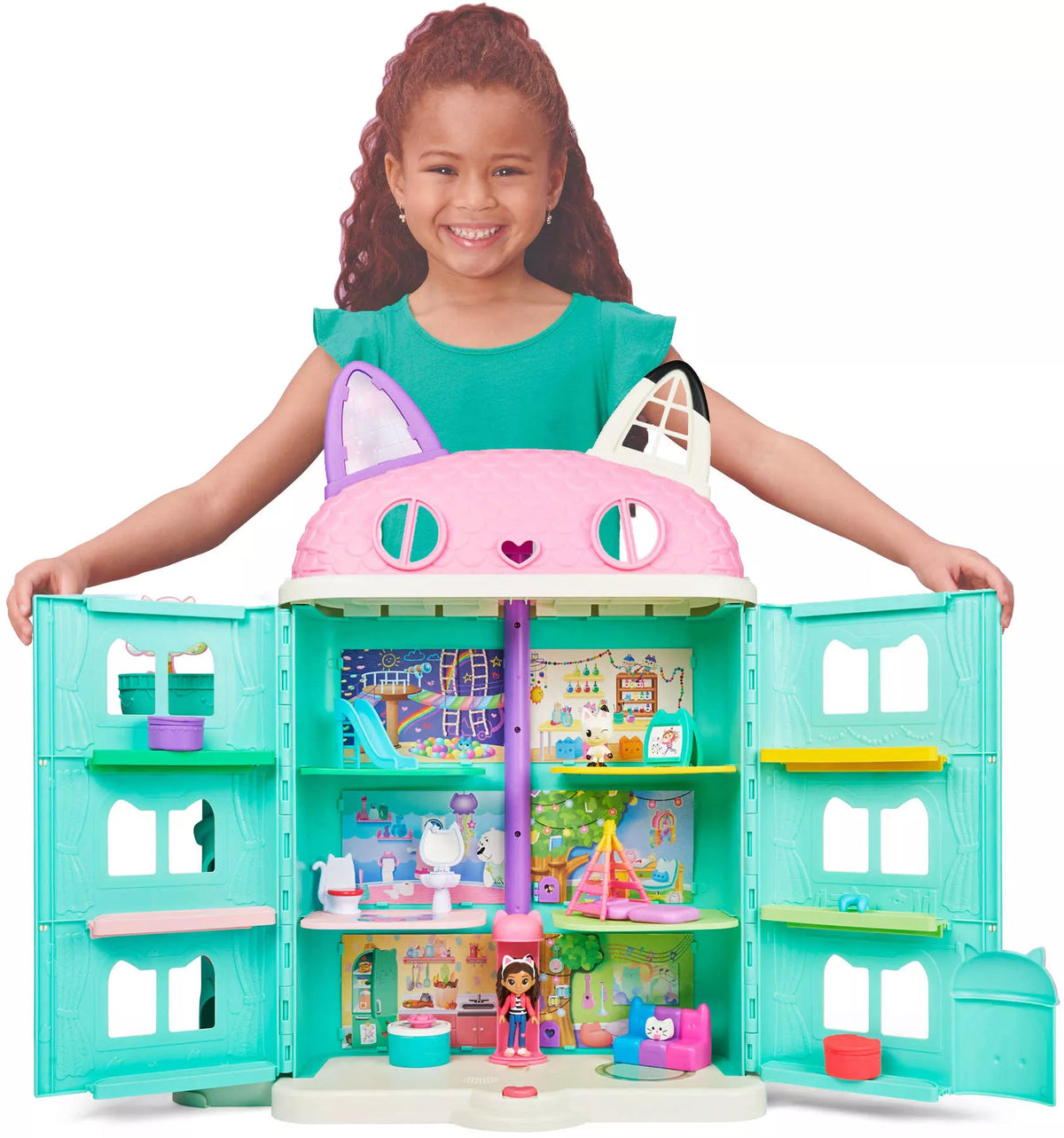 GABBY'S DOLLHOUSE interaktyvus kačių namelis Gabi, didelis 60 cm, su Panduś figūrėlėmis