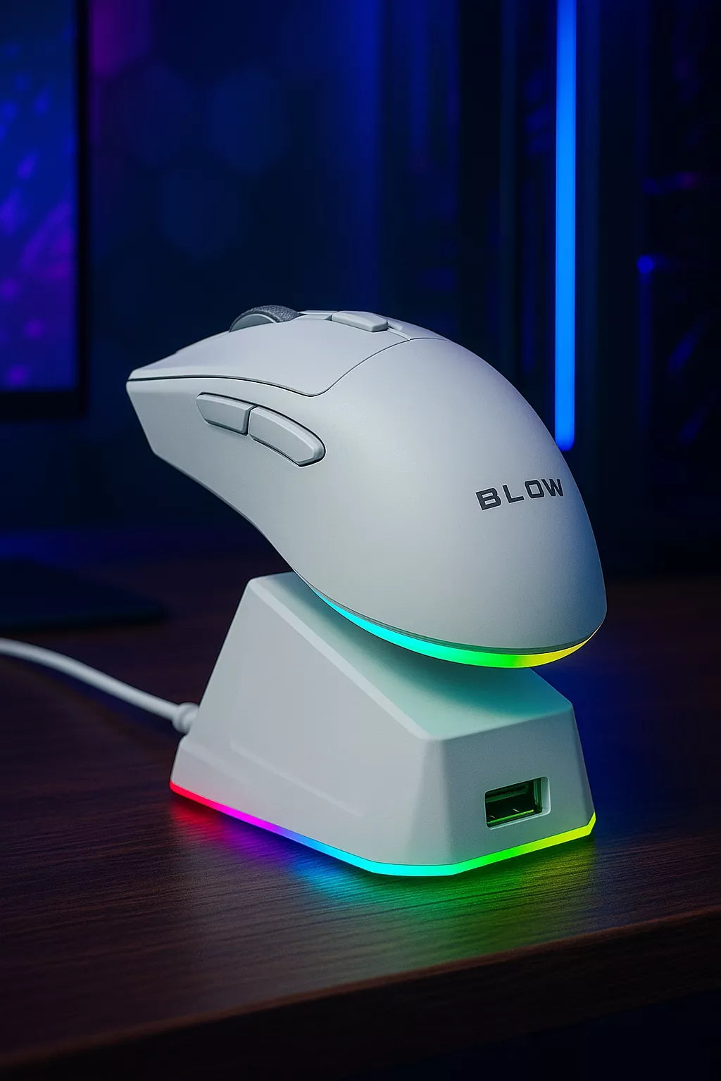 Balta optinė žaidimų pelė su įkrovimo stotele, PC, USB, Bluetooth 2.4GHz