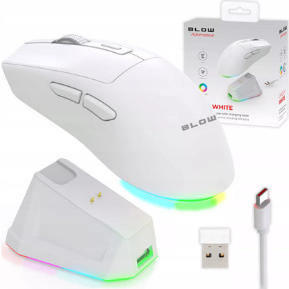 Balta optinė žaidimų pelė su įkrovimo stotele, PC, USB, Bluetooth 2.4GHz