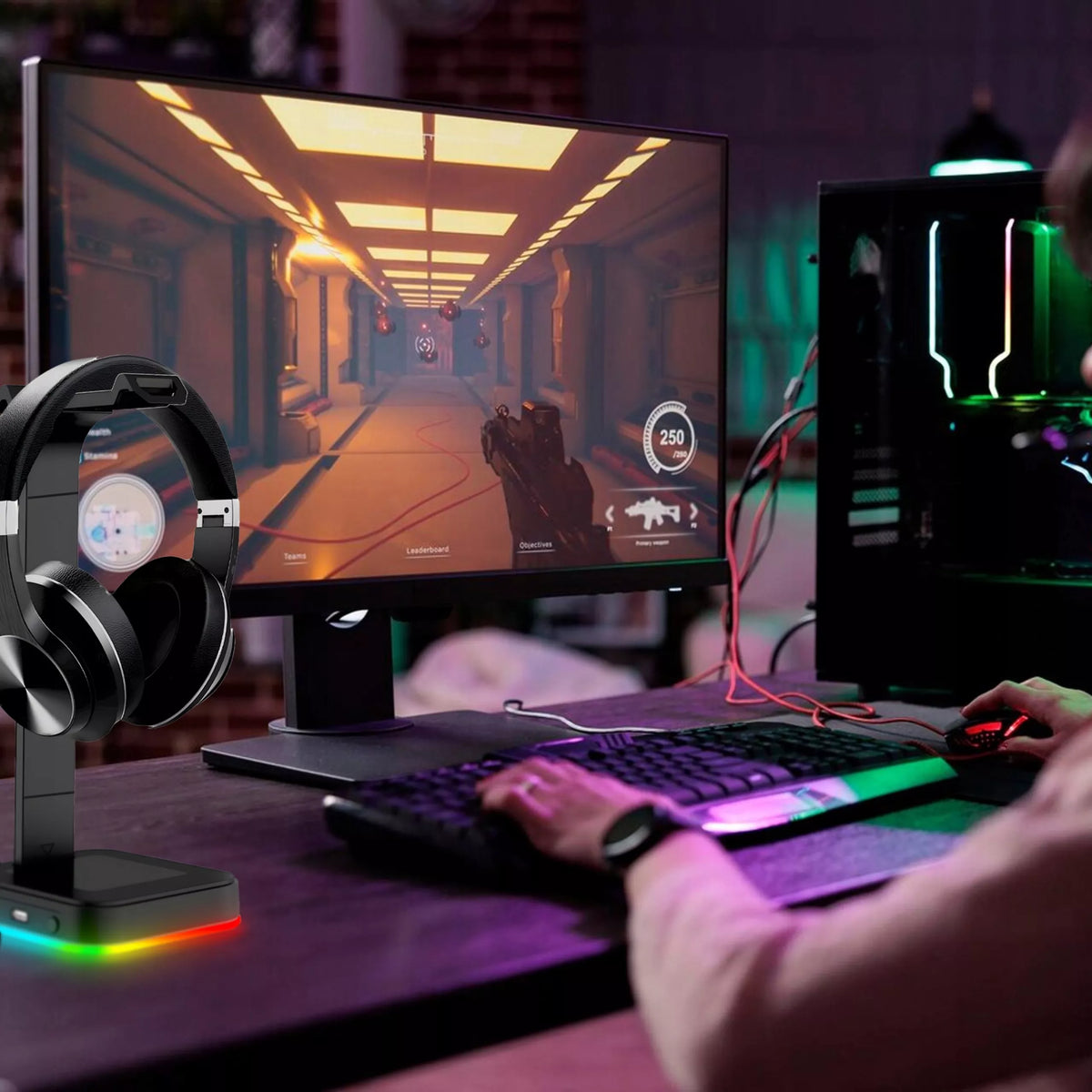 Žaidimų ausinių stovas / laikiklis su RGB apšvietimu, USB Hub + 2x USB
