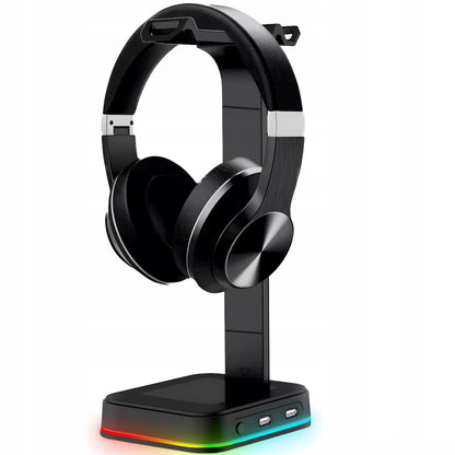 Žaidimų ausinių stovas / laikiklis su RGB apšvietimu, USB Hub + 2x USB