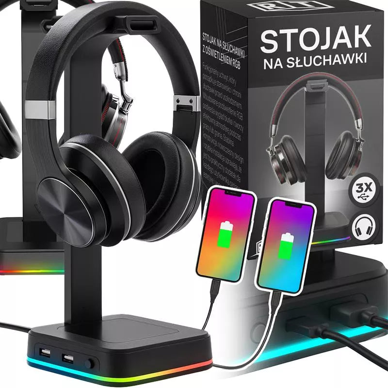 Žaidimų ausinių stovas / laikiklis su RGB apšvietimu, USB Hub + 2x USB