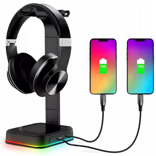 Žaidimų ausinių stovas / laikiklis su RGB apšvietimu, USB Hub + 2x USB