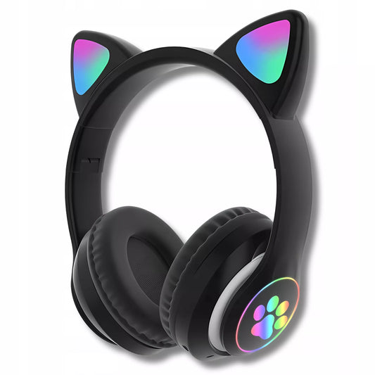 Juodos belaidės Bluetooth ausinės vaikams su katės ausimis
