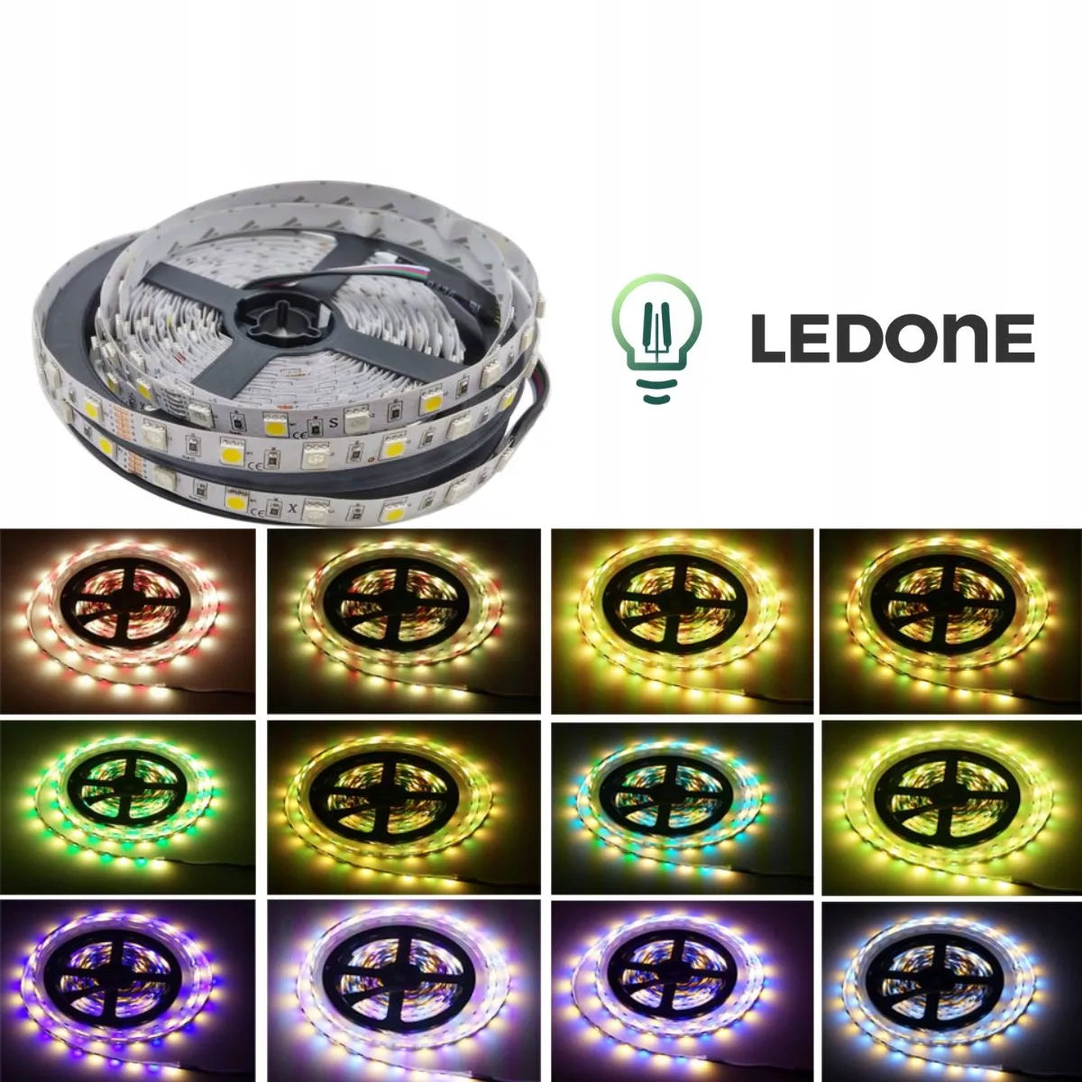 LED juostos rinkinys RGBW – 5 m, šiltai / šaltai balta, su pulteliu ir 12 V maitinimu