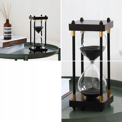 RETRO SMĖLIO LAIKRODIS STIKLINIS-MEDINIS DEKORACIJĄ 60 MINUČIŲ XXL 25x10cm JUODAS