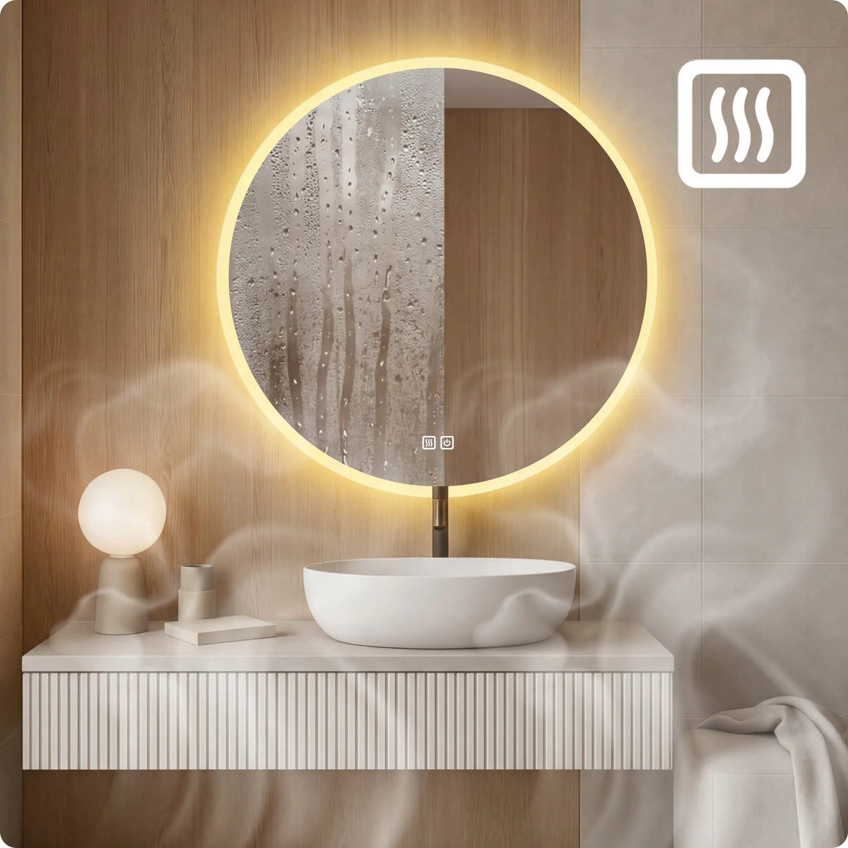 Apvalus LED vonios veidrodis 80 cm su apsauga nuo rasojimo, 3 šviesos spalvomis ir ryškumo reguliavimu