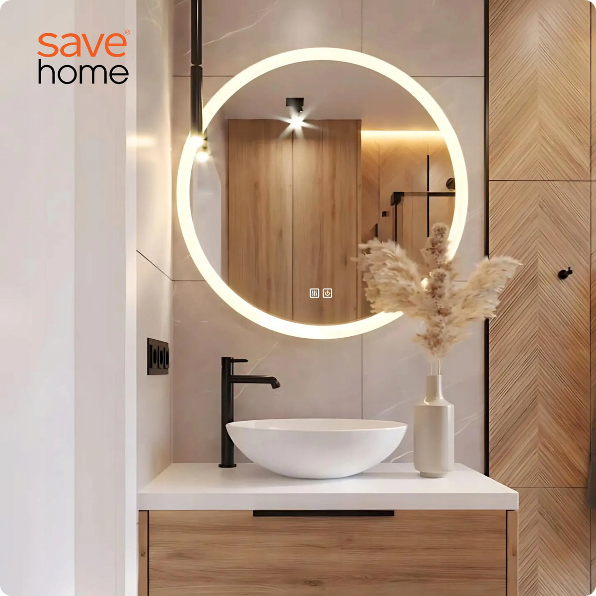 Apvalus LED vonios veidrodis 80 cm su apsauga nuo rasojimo, 3 šviesos spalvomis ir ryškumo reguliavimu