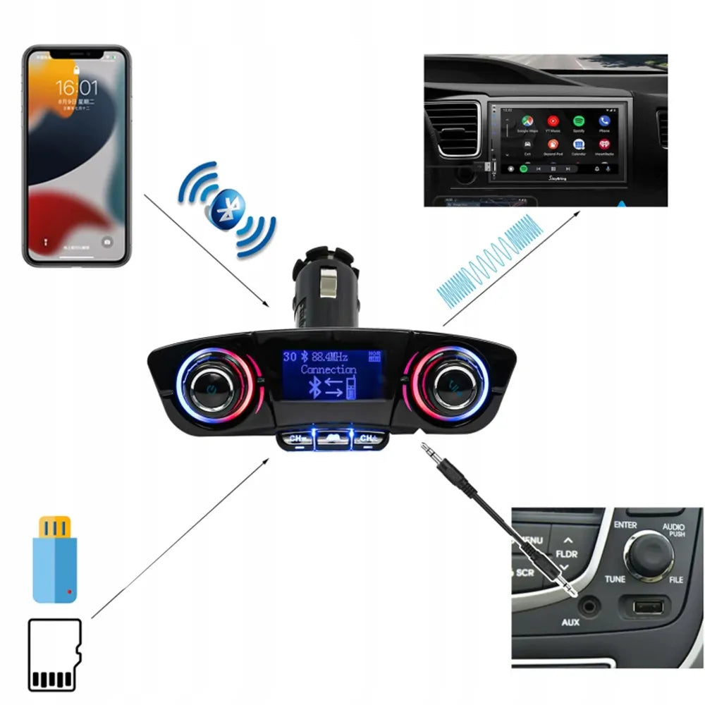 Automobilinis Bluetooth FM siųstuvas adapteris su 2USB įkrovikliu