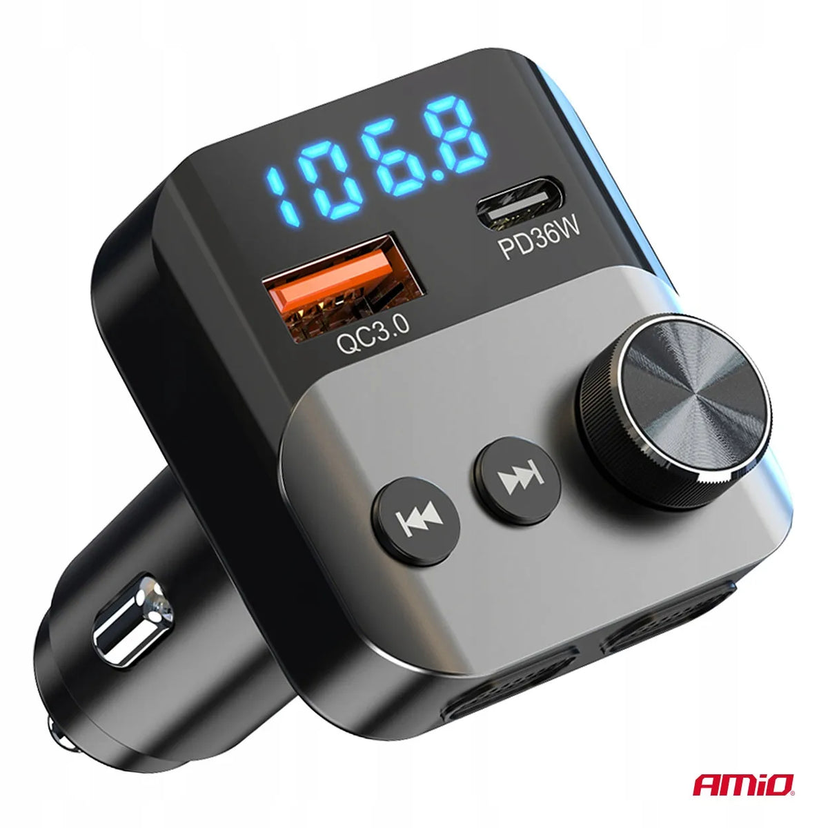 Automobilinis FM siųstuvas 1×USB-A 1×USB-C 12V 24V AMIO-04647