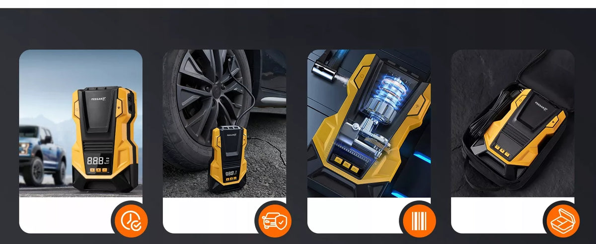 Automobilinis kompresorius 12V 230V Feegar, nešiojamas siurblys padangoms su LED