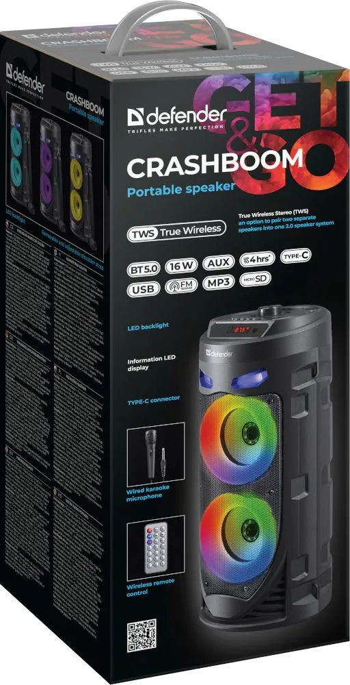 Defender CRASHBOOM 16 W „Bluetooth“ kolonėlė su karaoke, MP3, FM radiju, SD, AUX, TWS ir LED apšvietimu