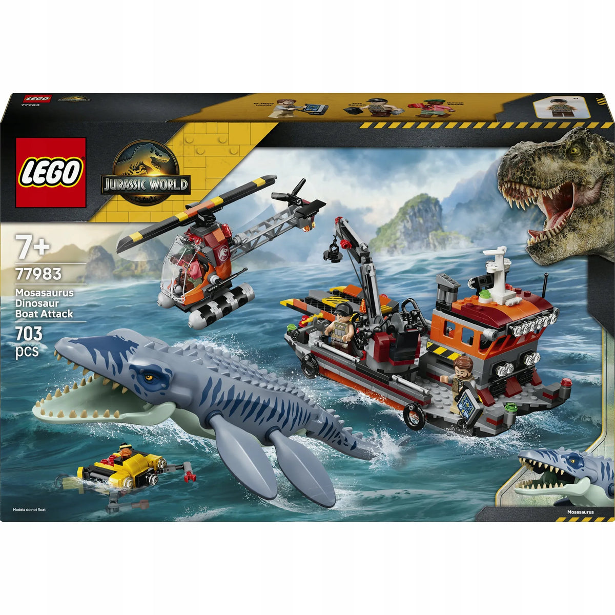 LEGO Jurassic World 77983 Mozazauro ataka prieš valtį – dinozauras, valtis, sraigtasparnis