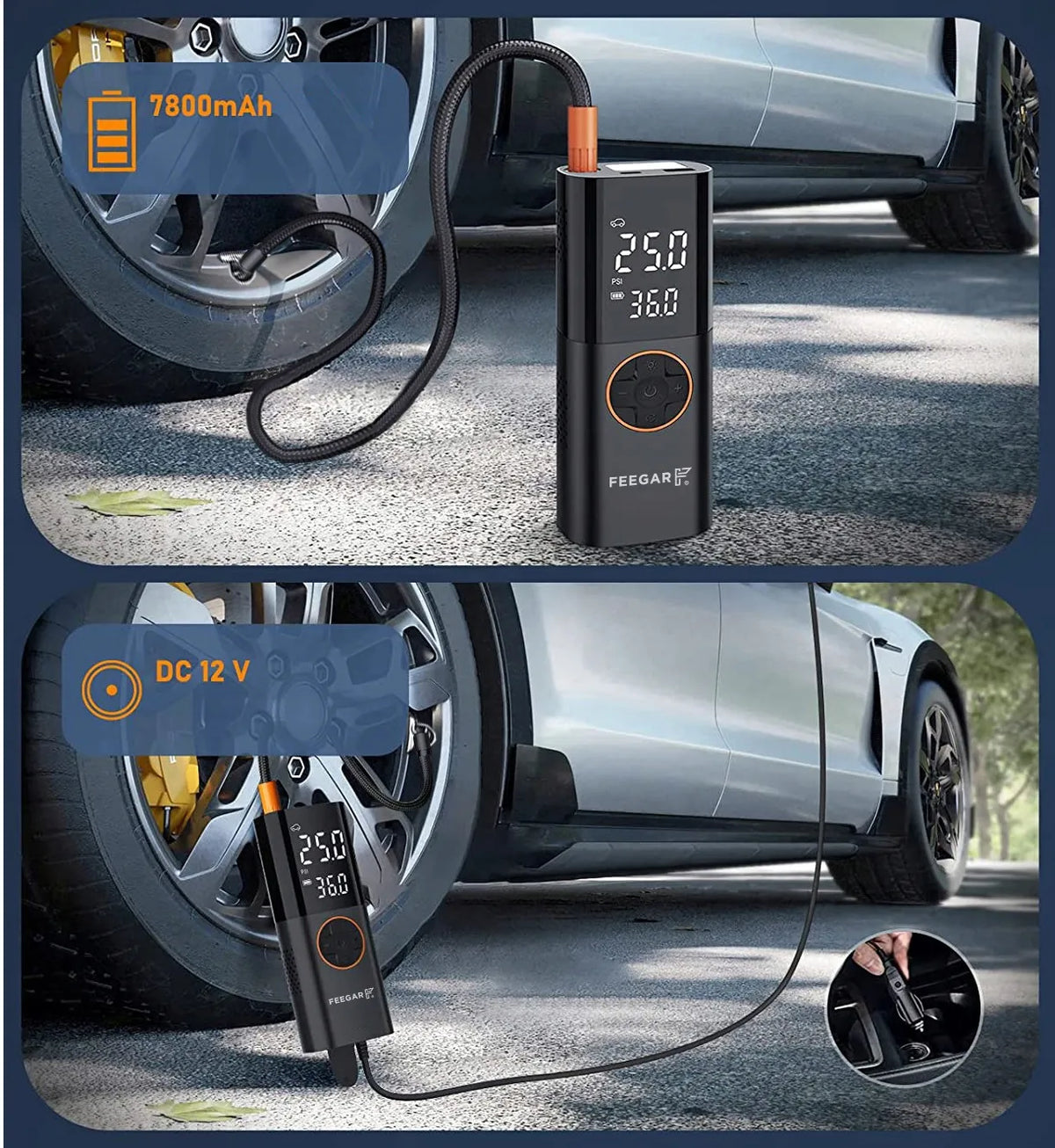 Nešiojama elektrinė padangų pompa Feegar, 12V automobilinis kompresorius su LED