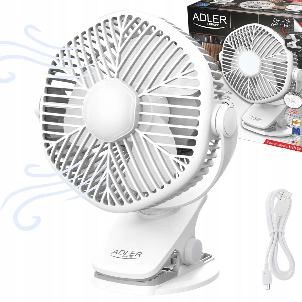 Nešiojamas mini stalinis ventiliatorius Adler su LED lempute ir spaustuku